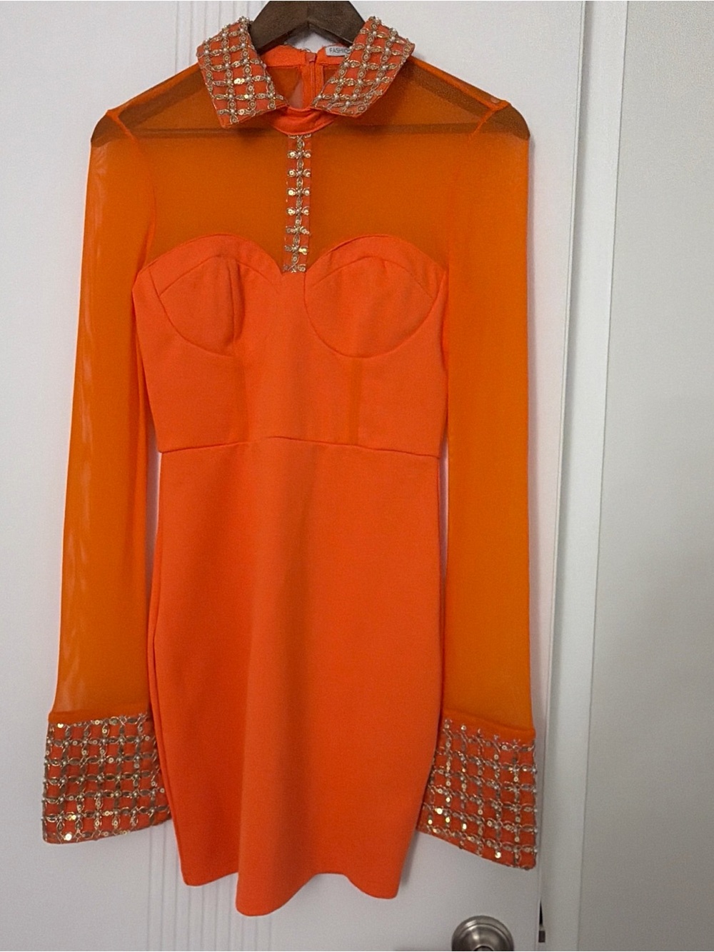 Fashion Nova Orange Long Sleeve Evening Jumpsuit with Embellished Cuffs